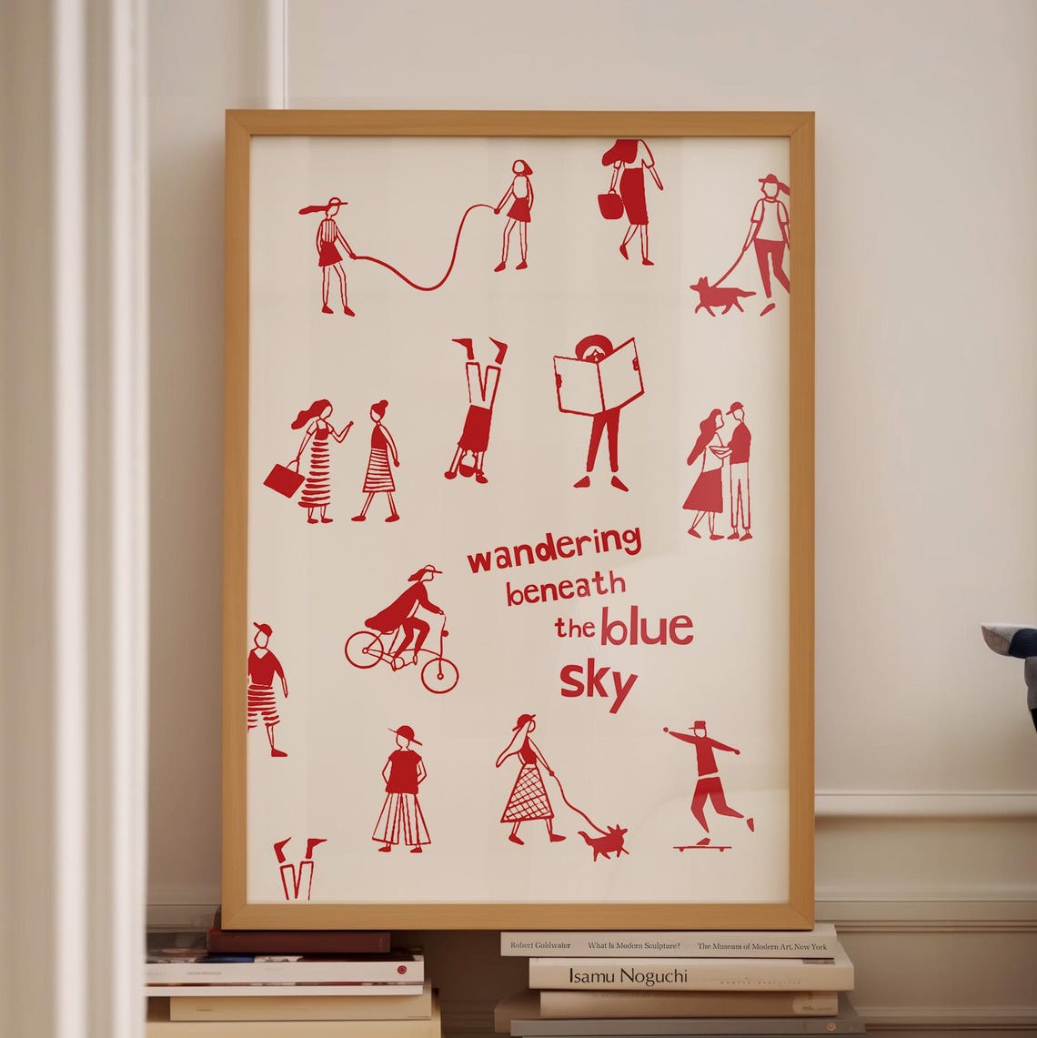 Whimsical Wandering Beneath The Blue Sky Red Doodle People Art Print