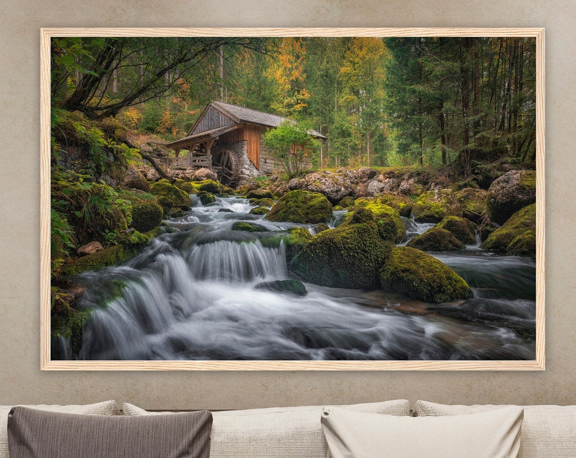 Old Wooden Watermill Rushing Stream Forest Waterfall Nature Poster