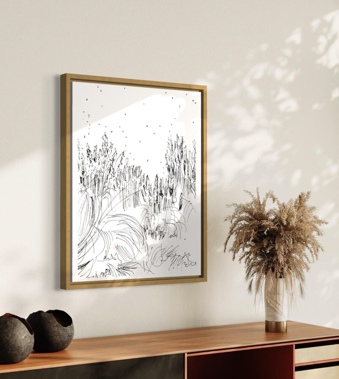 Minimalist Ink Sketch Of Wild Grasses And Reeds Black And White Poster