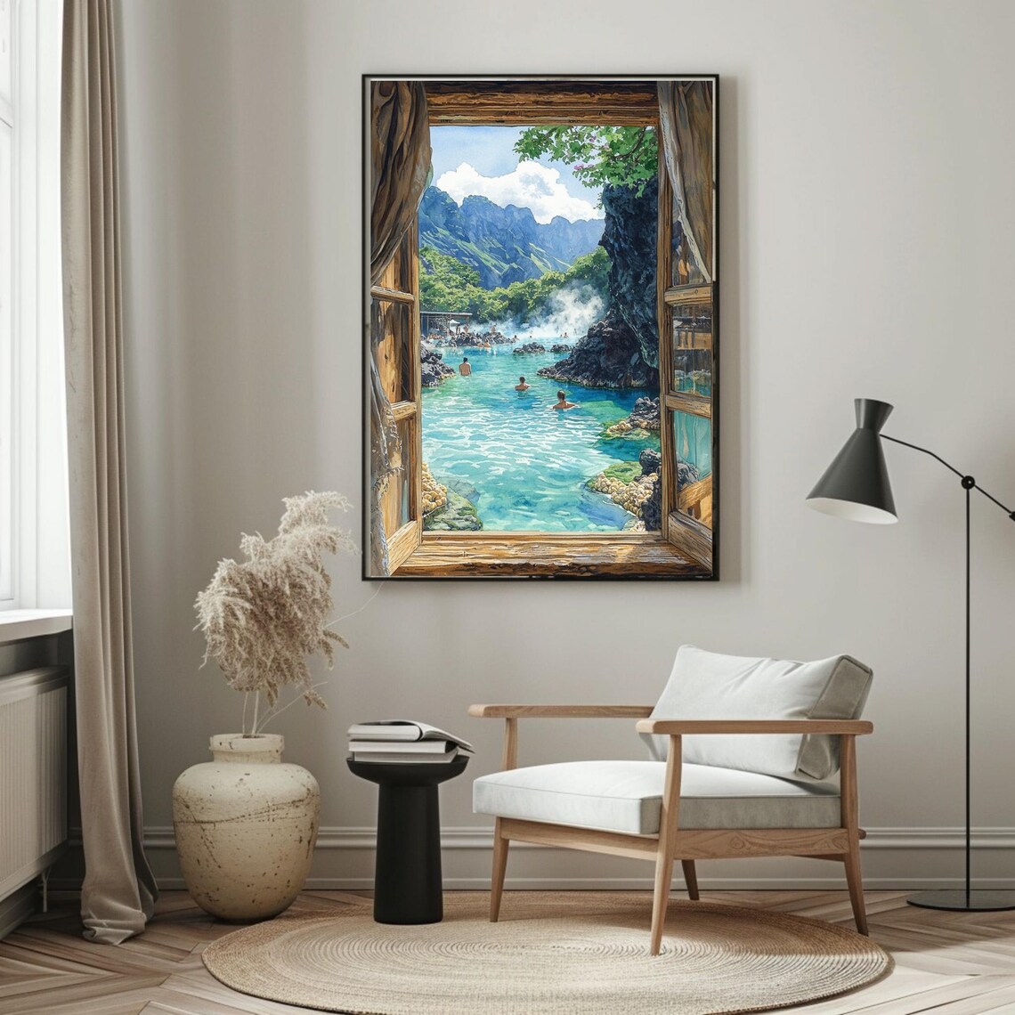 Open Window Watercolor Poster of Turquoise Hot Springs with Rocky Cliffs