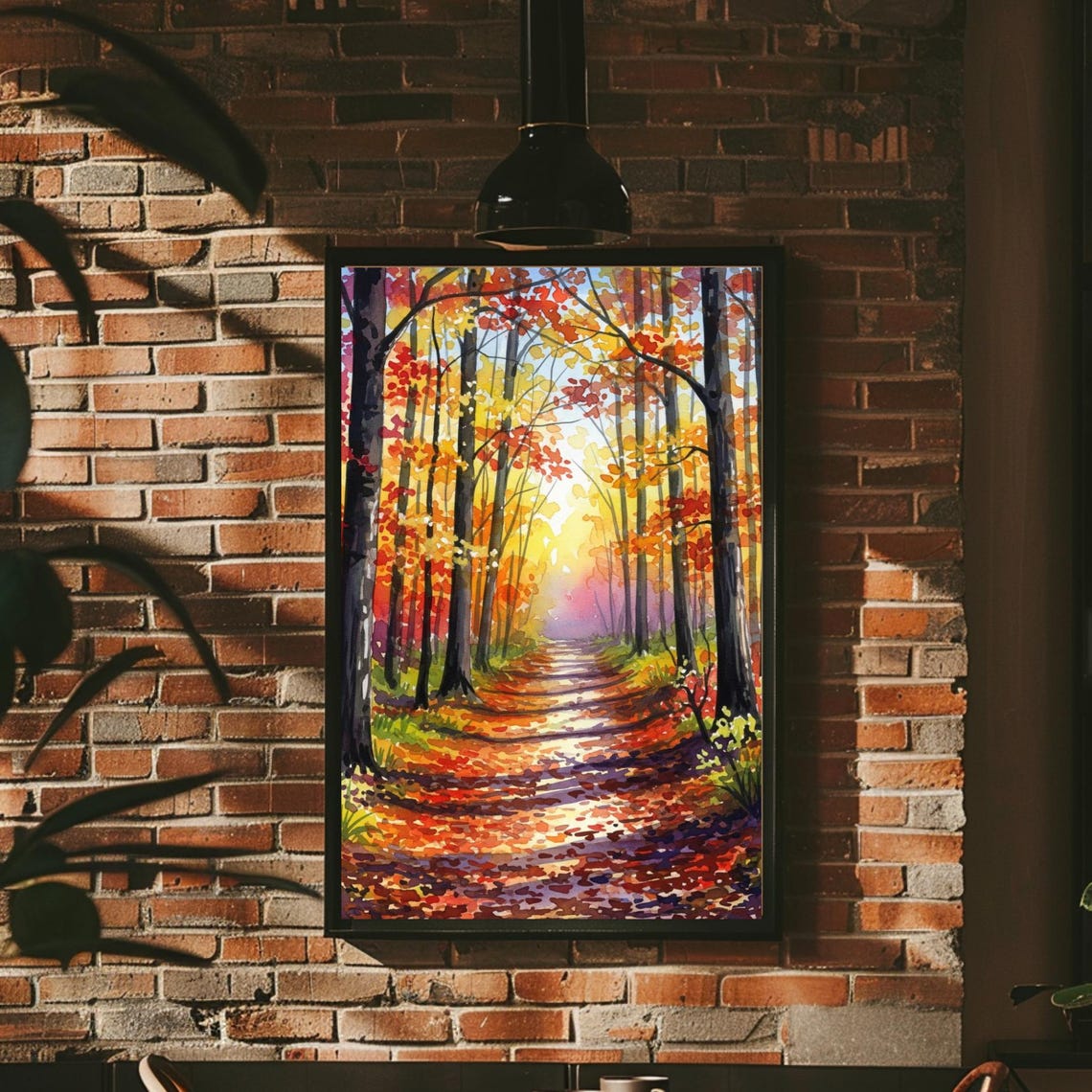 Autumn Forest Golden Light Path Vibrant Watercolor Nature Walk Poster