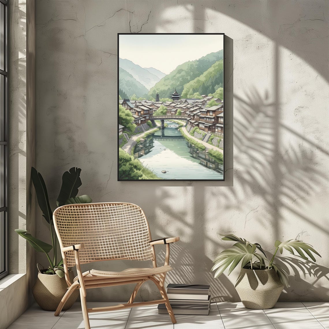 Japanese Village River Mountain Landscape Tranquil Illustration Poster