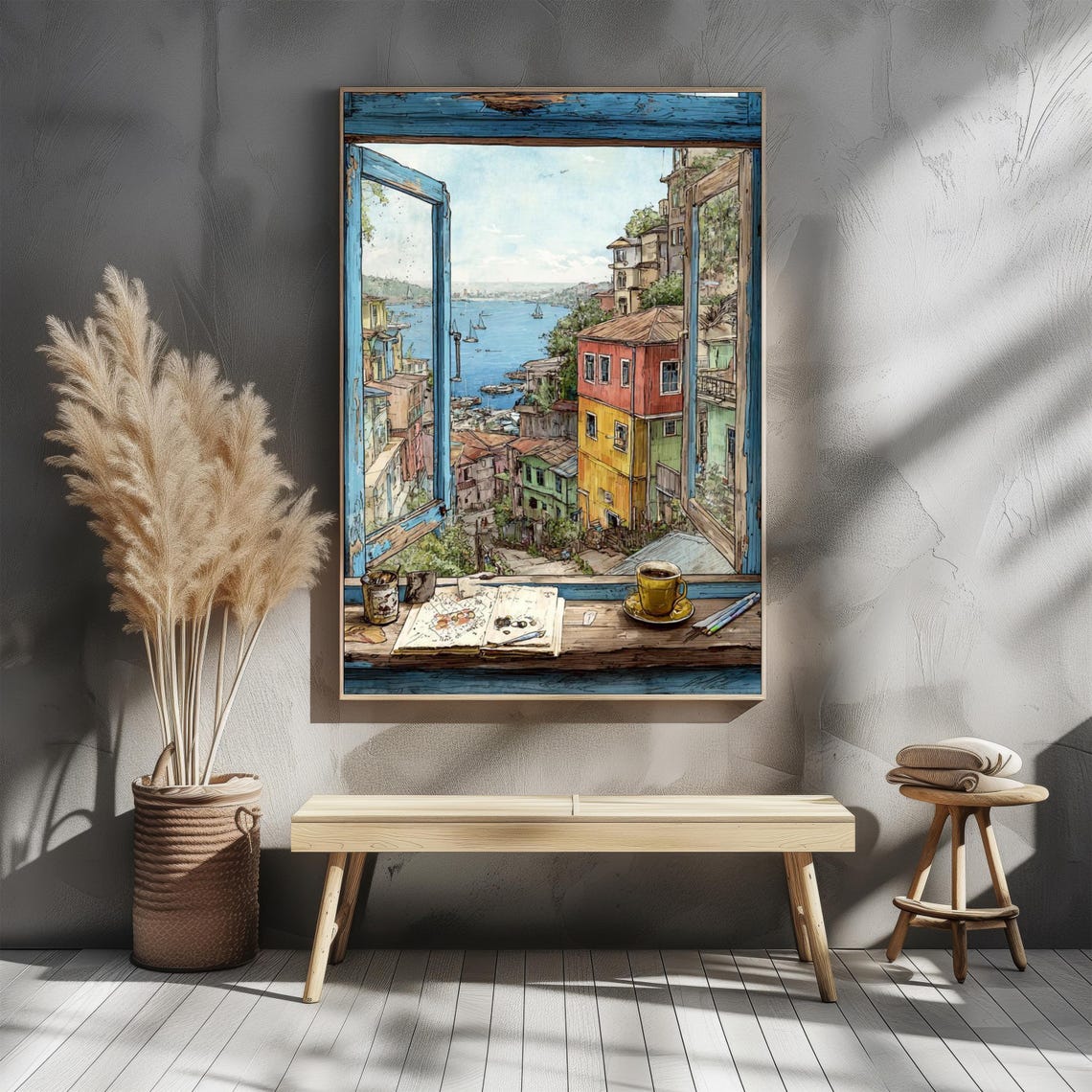 Open Window Coastal Town Poster Wanderlust Mediterranean View Wall Art Rustic Print Seaside House Decor Matte