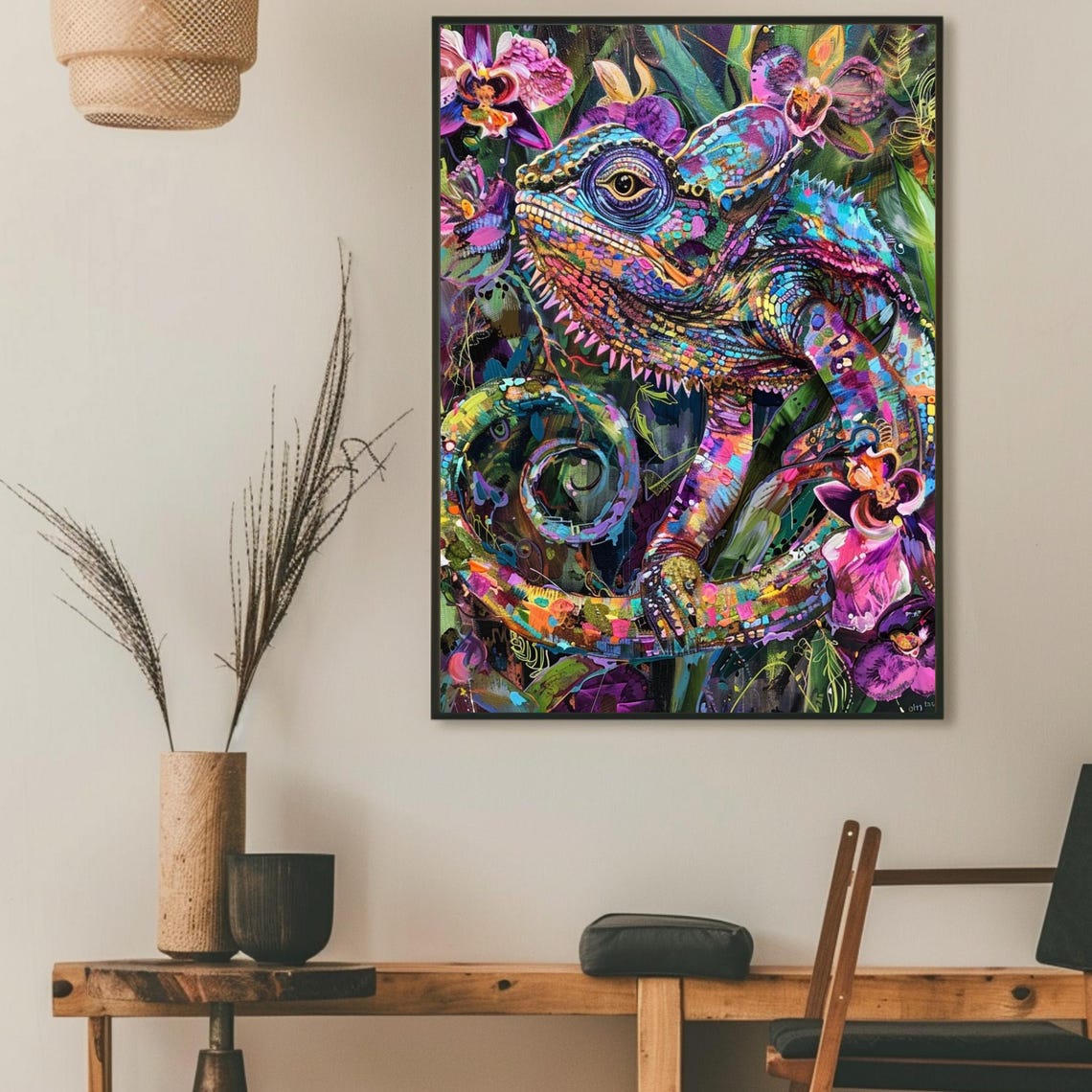 Colorful Chameleon Tropical Jungle Abstract Wildlife Painting Poster