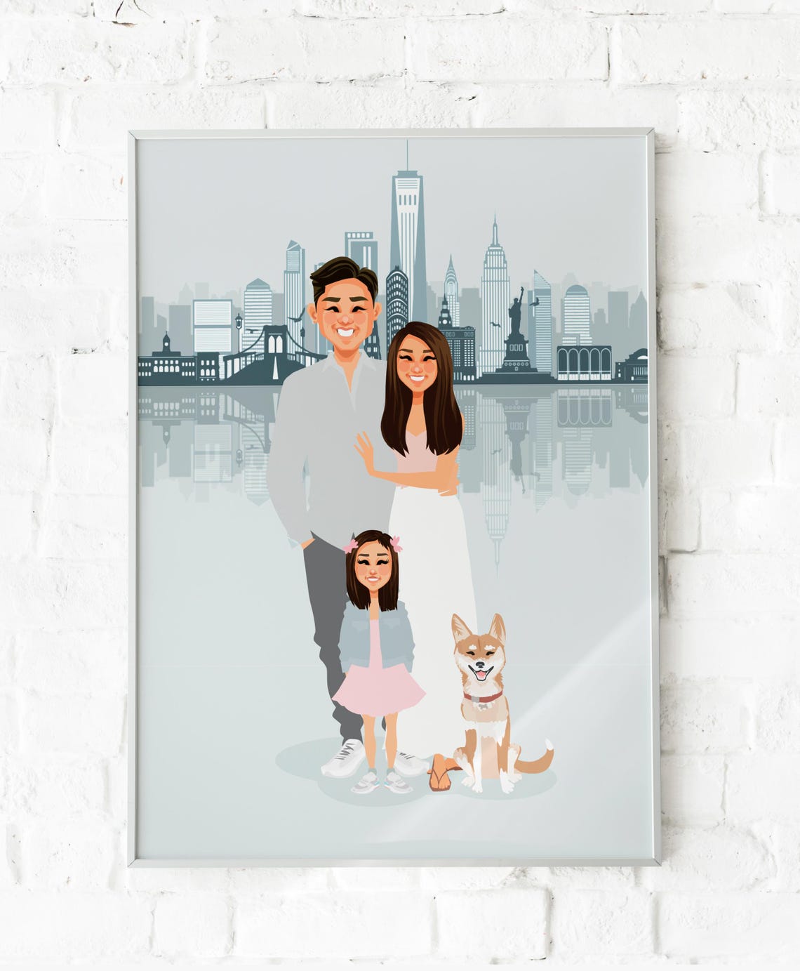 Custom Illustrated Family Portrait With Five Pets and Sunset View Poster - Image 4