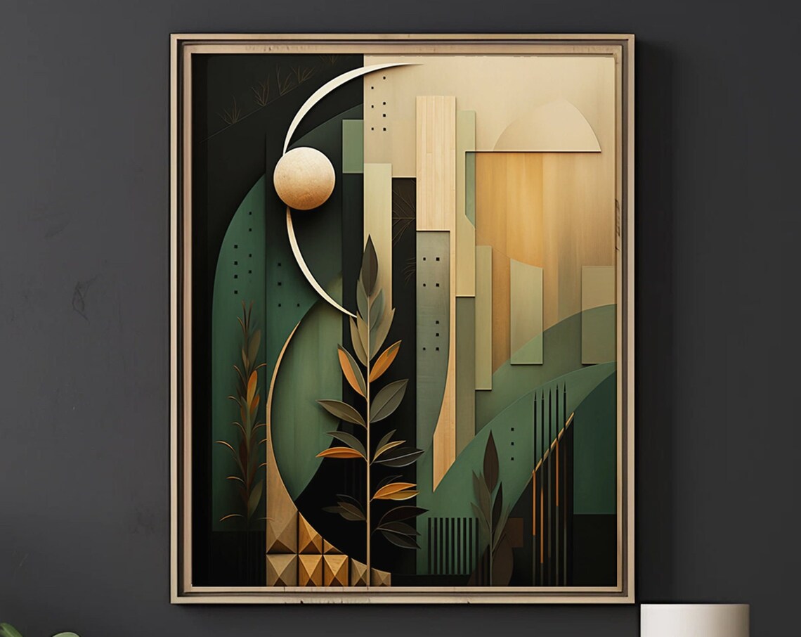 Art Deco Green Gold Moon Botanical Arches Vintage Abstract Poster