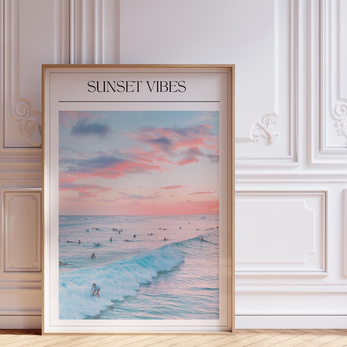 Sunset Vibes Pink Sky Surfers Ocean Photography Art Wall Poster