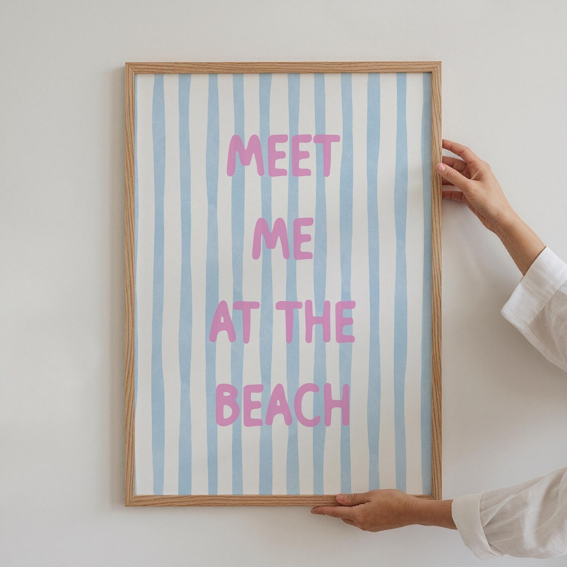 Meet Me At The Beach Print Blue And Pink Striped Coastal Cowgirl Large Wall Art Minimalist Dorm Room Apartment Positive Quote Sign Framed