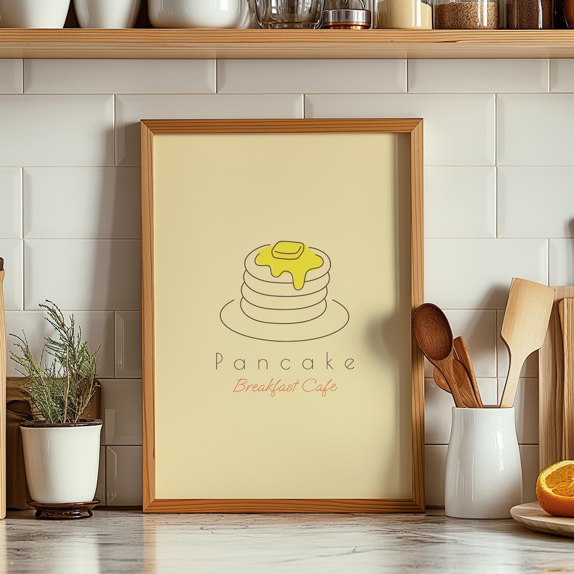 Pancake Breakfast Cafe Minimal Line Art Yellow Kitchen Poster