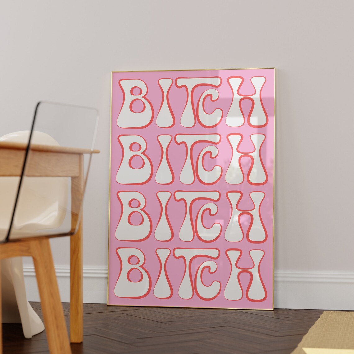 Bitch Repeated Retro Pink Groovy White Letter Typography Art Poster - Image 2