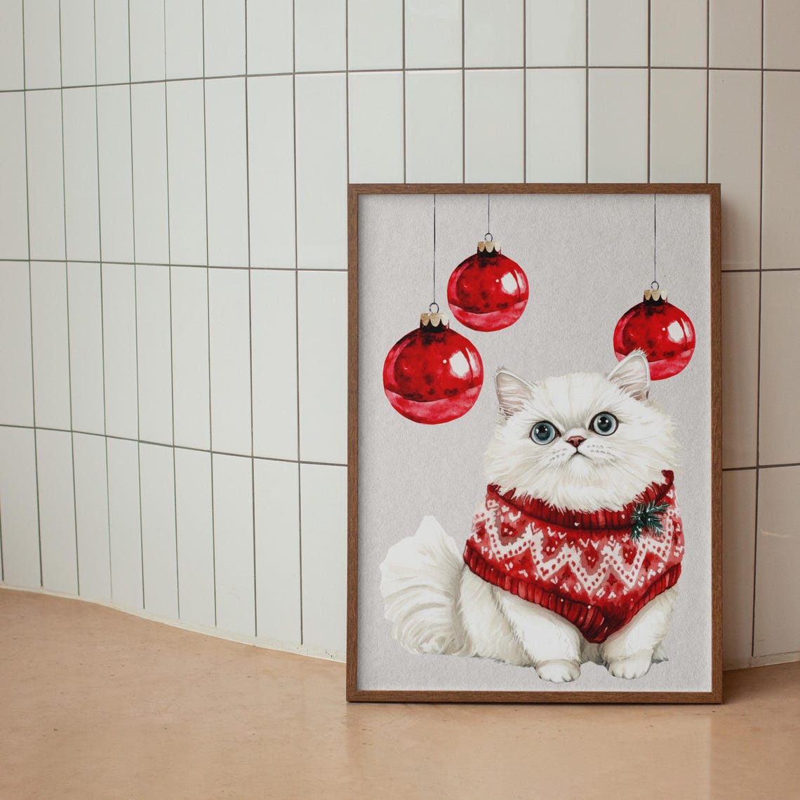 White Persian Cat Christmas Sweater Red Baubles Cute Wall Poster - Image 2