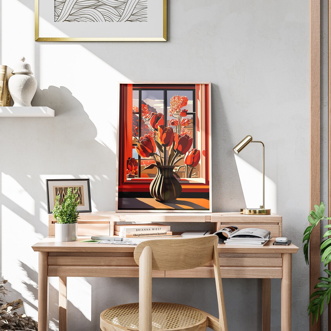 Red Tulips In A Vase Warm Window Light Floral Illustration Poster - Image 3