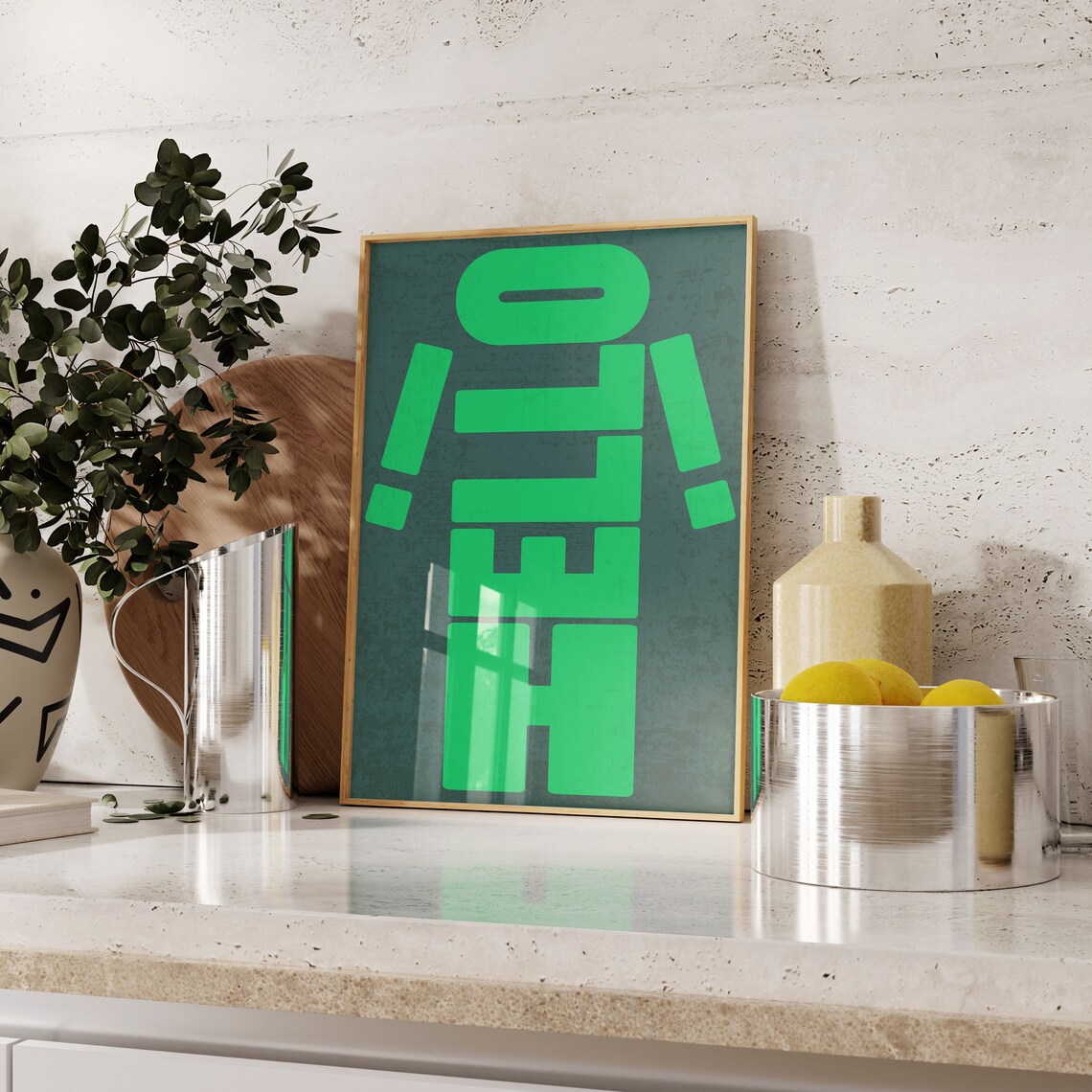 Hello Playful Green Letter People Quirky Hallway Greeting Poster - Image 3