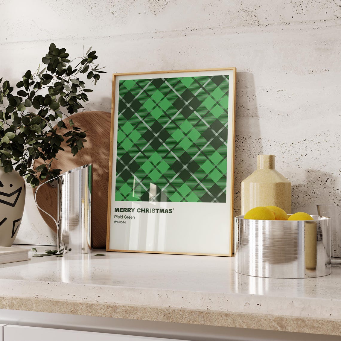 Green Plaid Pattern Merry Christmas Minimalist Holiday Wall Art