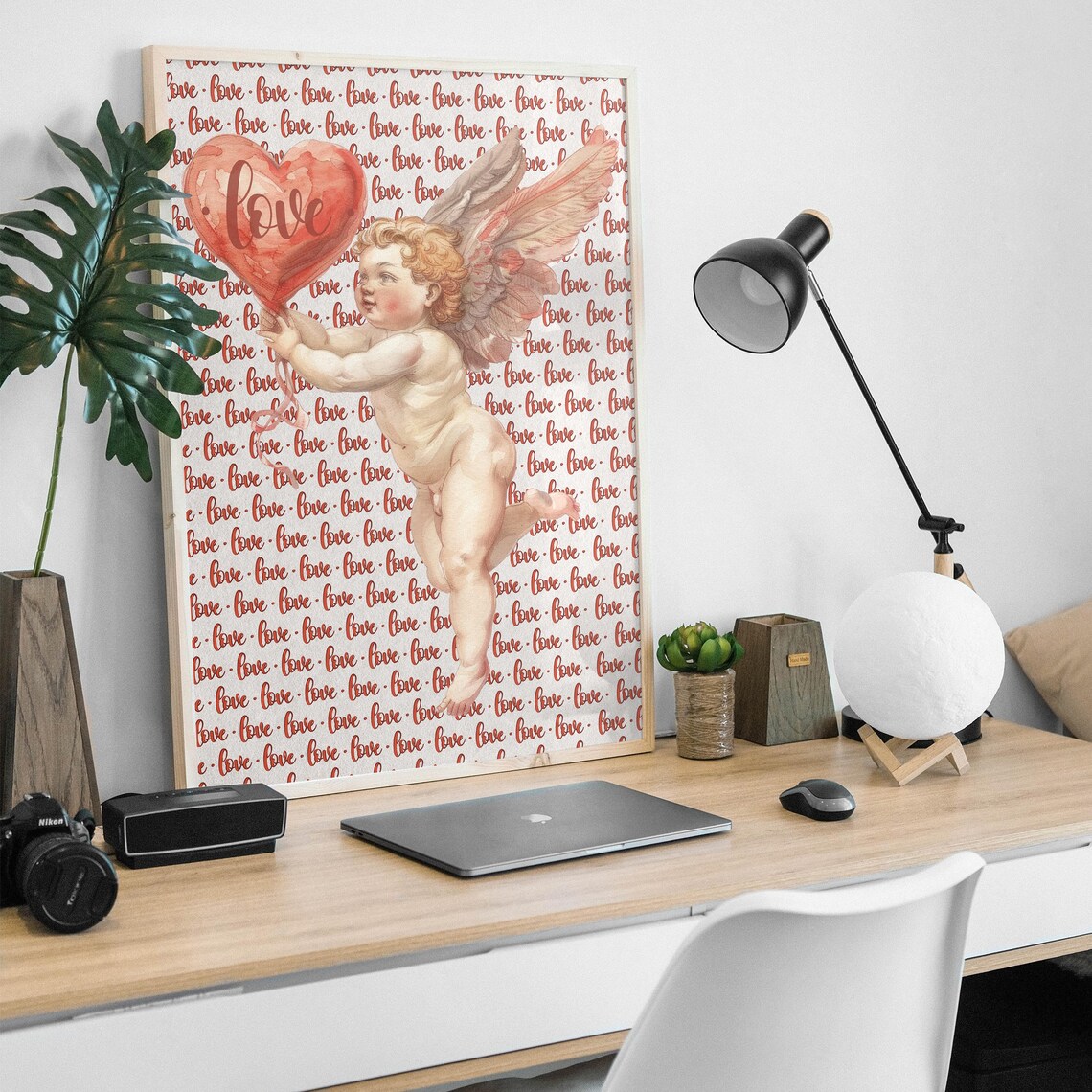 Cupid Angel Holding Love Heart Balloon Vintage Romantic Wall Art - Image 4