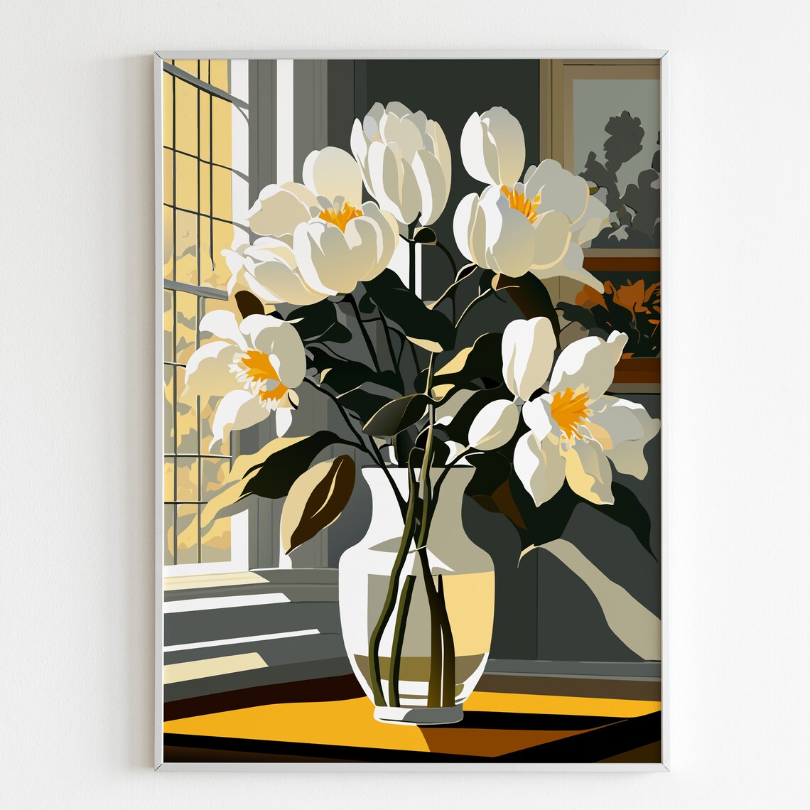 Pure White Tulips Sunlit Window Vase Floral Illustration Poster