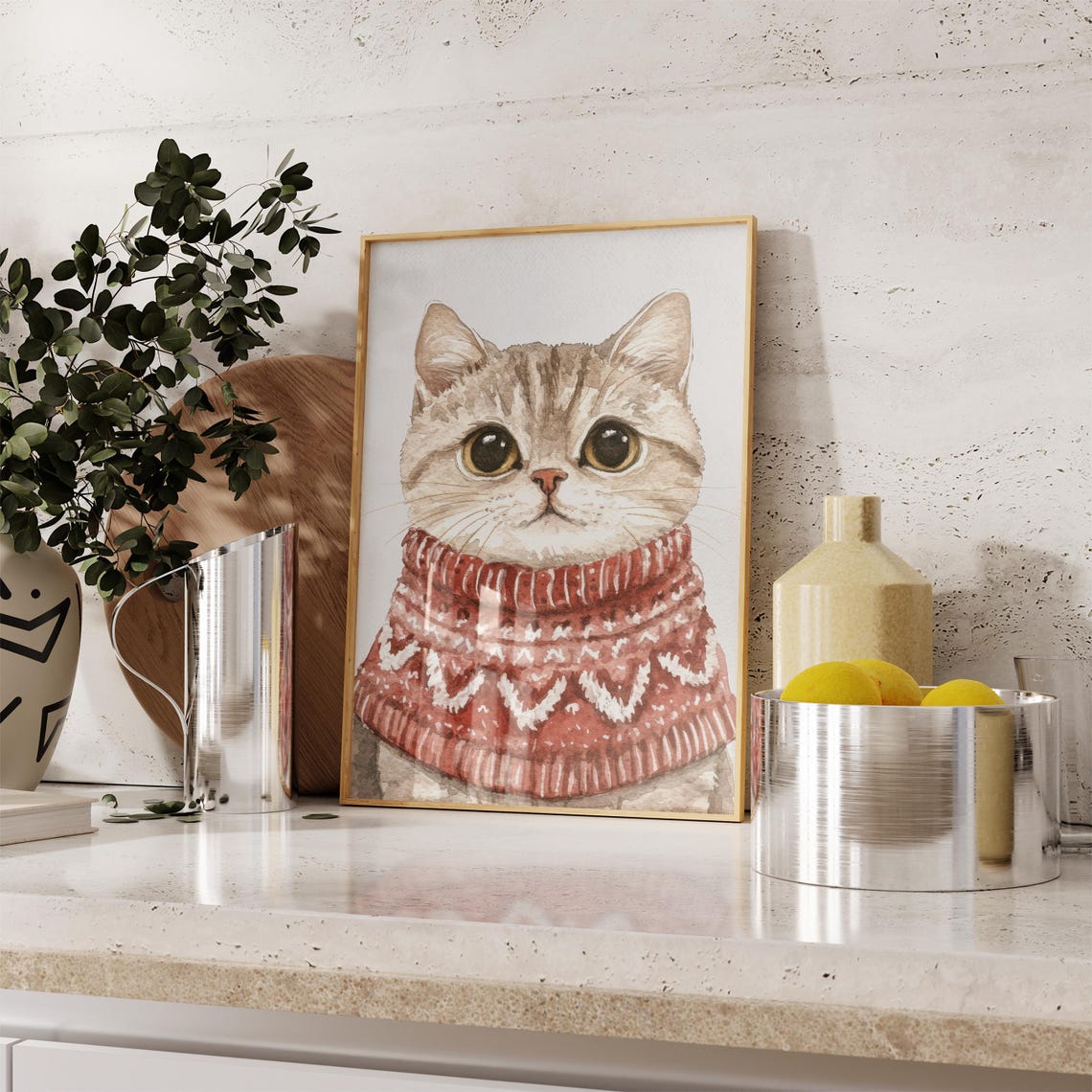 Watercolor Cat Portrait Christmas Poster Xmas Print Merry Home Decor Animal Prints Kitten