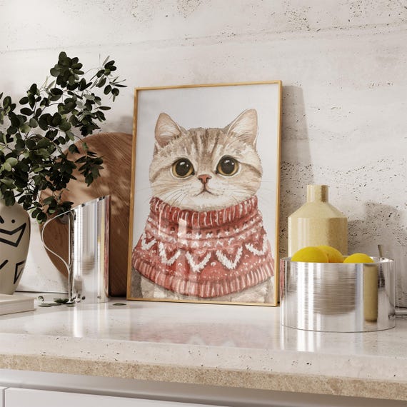 Watercolor Kitten In Red Christmas Sweater Holiday Cat Poster