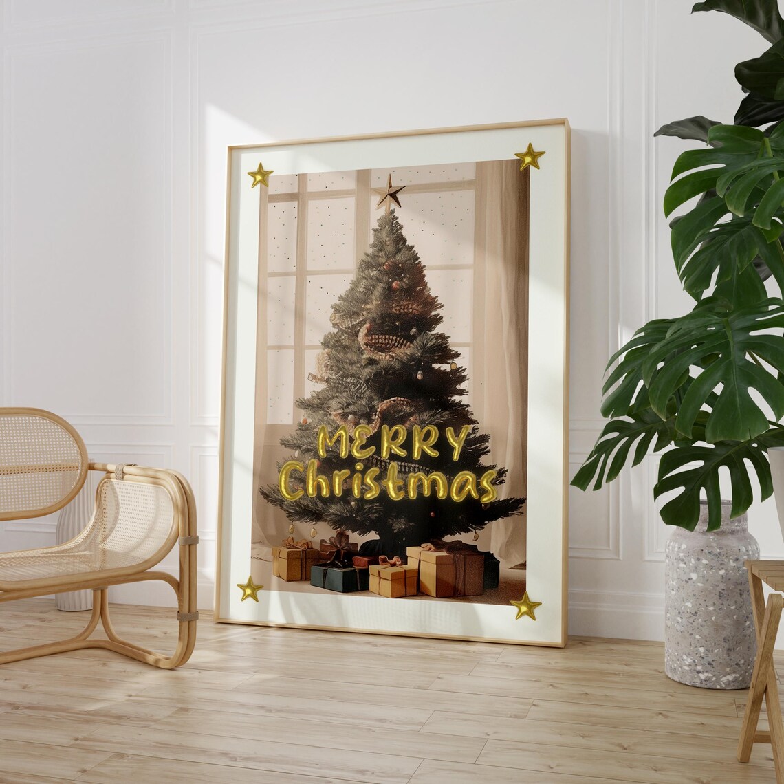 Merry Christmas Tree Photo Gold Balloon Letters Festive Holiday Poster