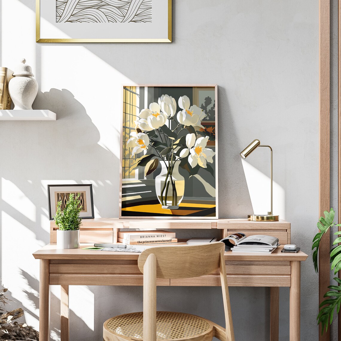 Pure White Tulips Sunlit Window Vase Floral Illustration Poster - Image 3