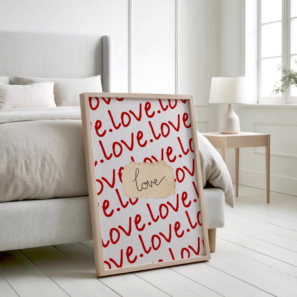 Love Red Handwriting Pattern Typography Poster Romantic Minimal Decor