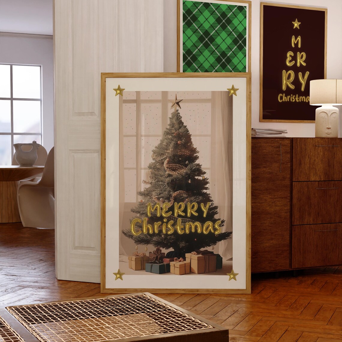 Merry Christmas Tree Photo Gold Balloon Letters Festive Holiday Poster - Image 3