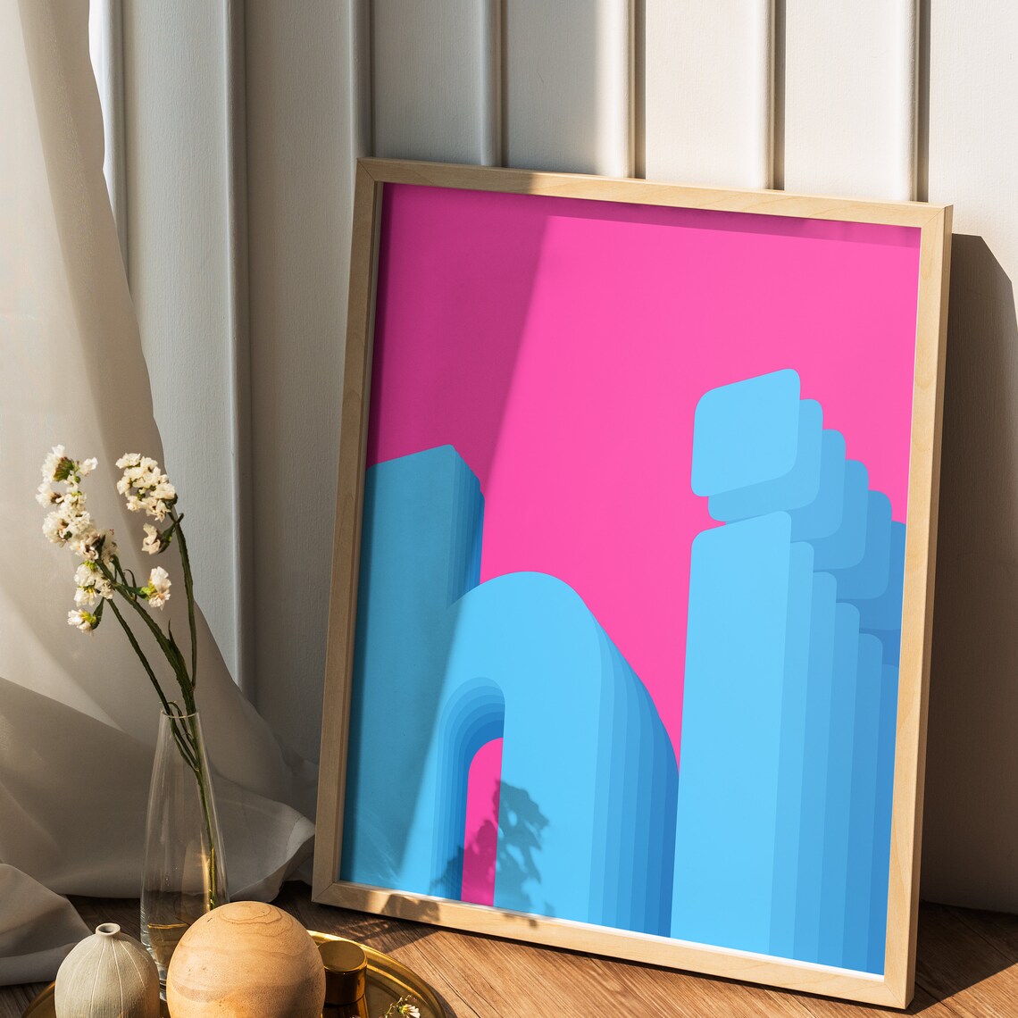 Hot Pink Blue Geometric Bauhaus Abstract City Style Wall Poster - Image 2