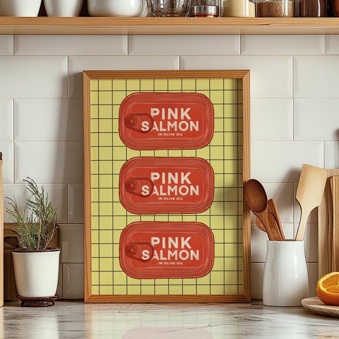 Pink Salmon in Olive Oil Vintage Tins Retro Kitchen Wall Art