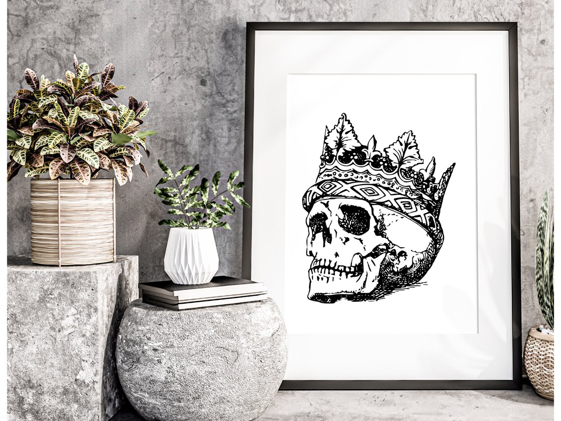 Crowned Skull King Black White Engraving Illustration Gothic Art Poster