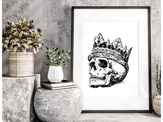 Crowned Skull King Black White Engraving Illustration Gothic Art Poster