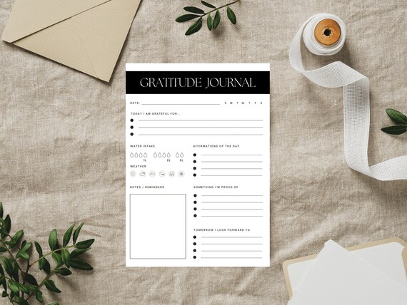 Gratitude Journal Daily Wellness Tracker Mindfulness Sheet Print