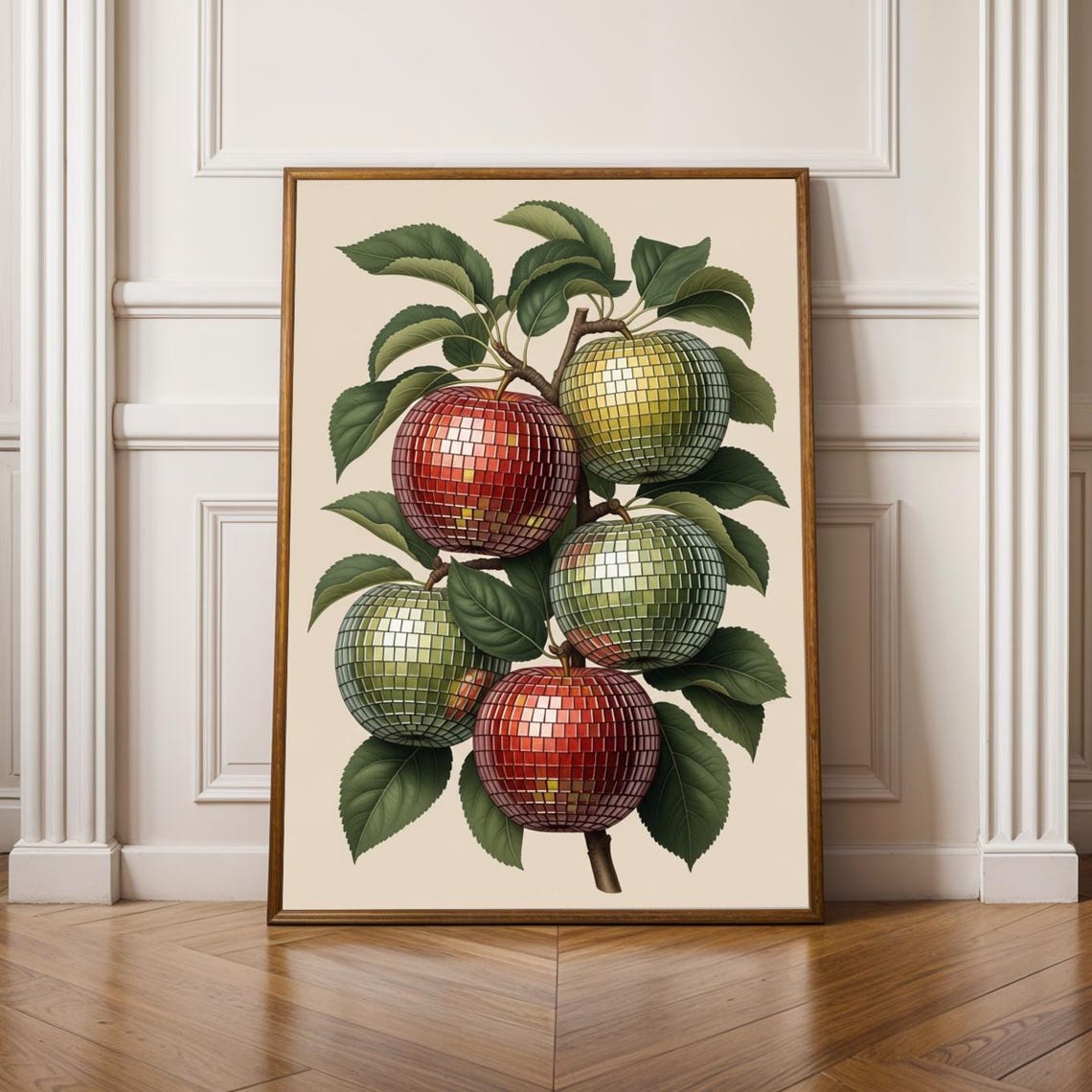 Disco Ball Apples Vintage Botanical Illustration Surreal Fruit Poster
