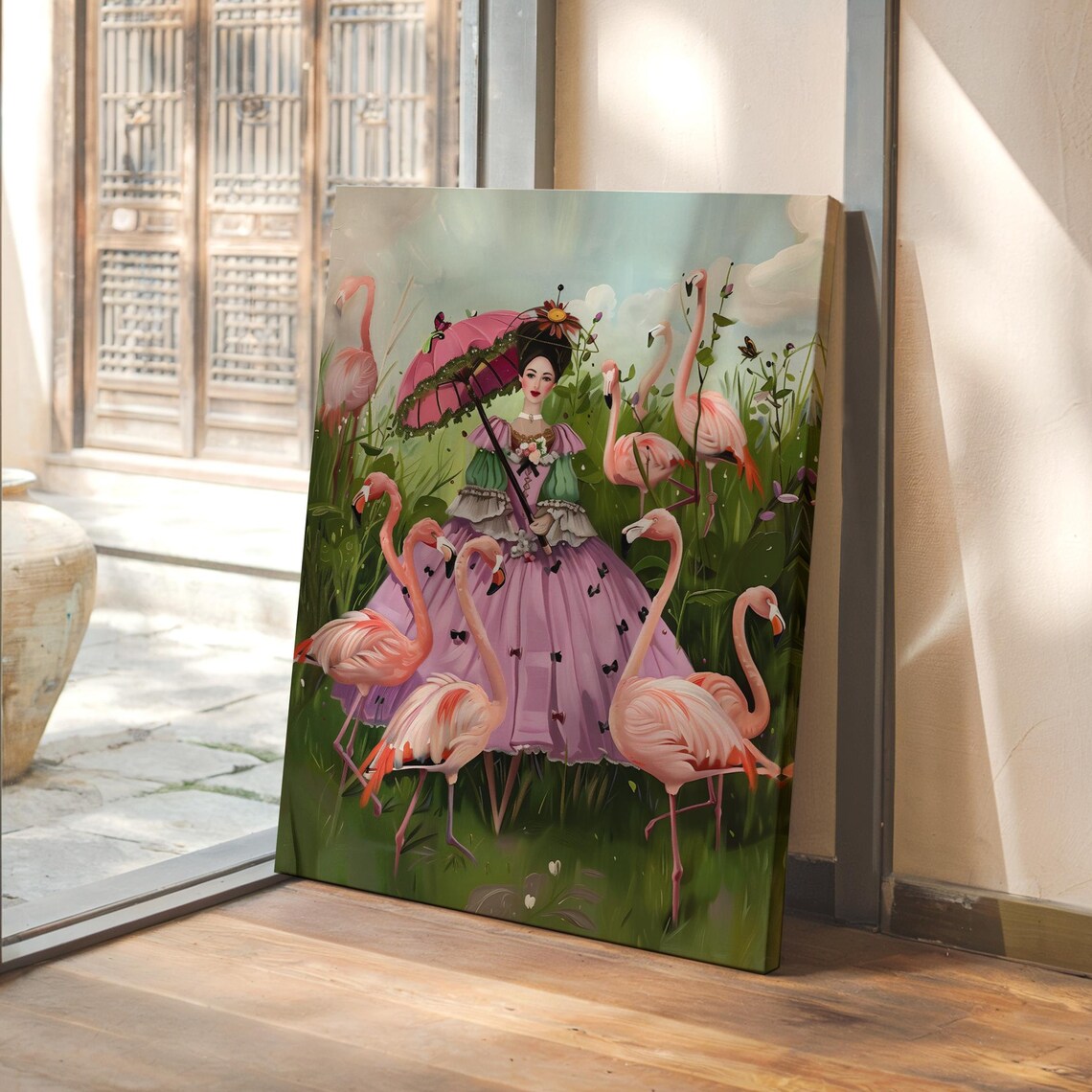 Lady with Pink Parasol Strolling through a Flock of Flamingos Poster