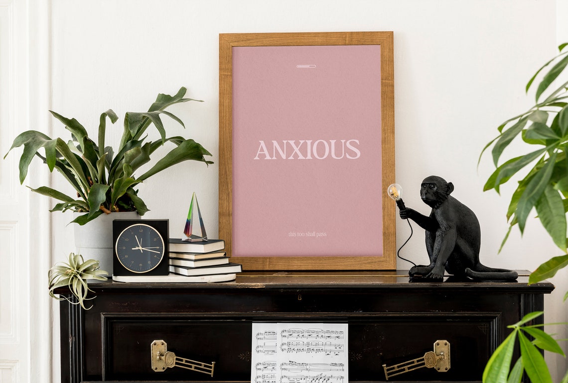 Anxious This Too Shall Pass Minimalist Pink Mental Health Poster - Image 2