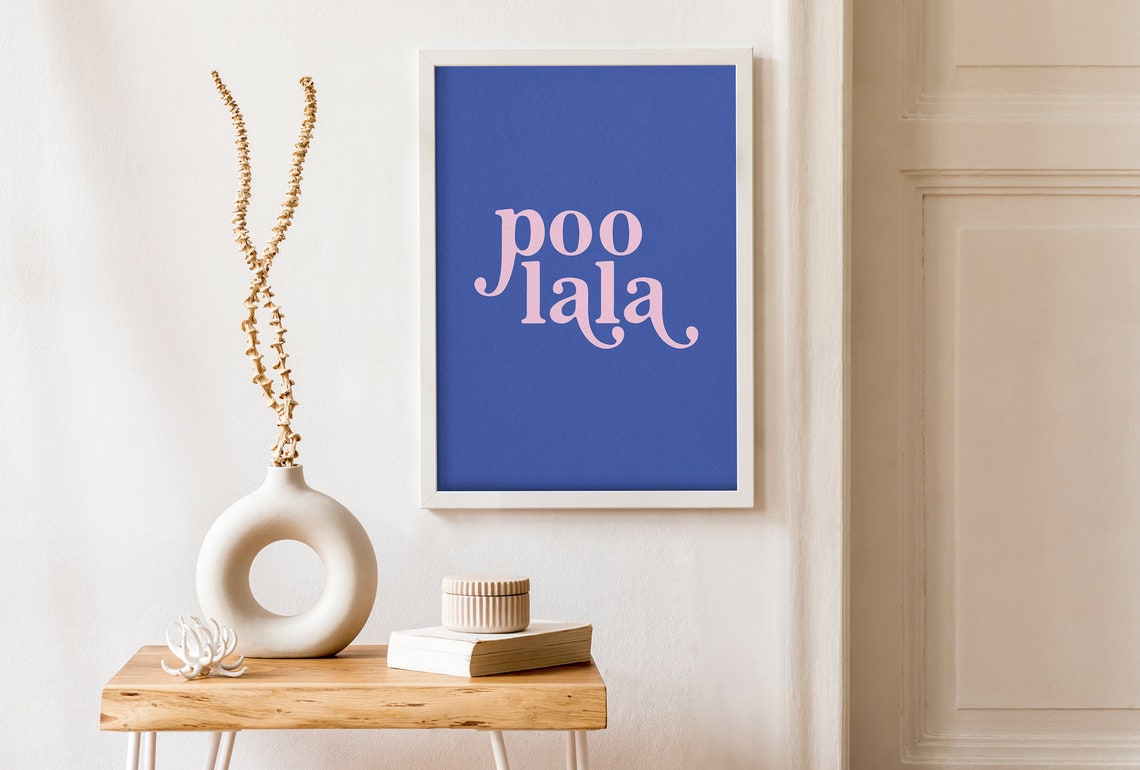 Poo Lala Funny Cheeky Pink Navy Bathroom Typography Sign Poster - Image 3
