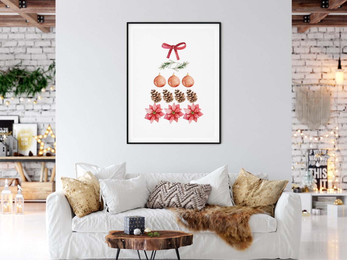 Watercolor Botanical Christmas Tree Made Of Holiday Ornaments Poster - Image 4