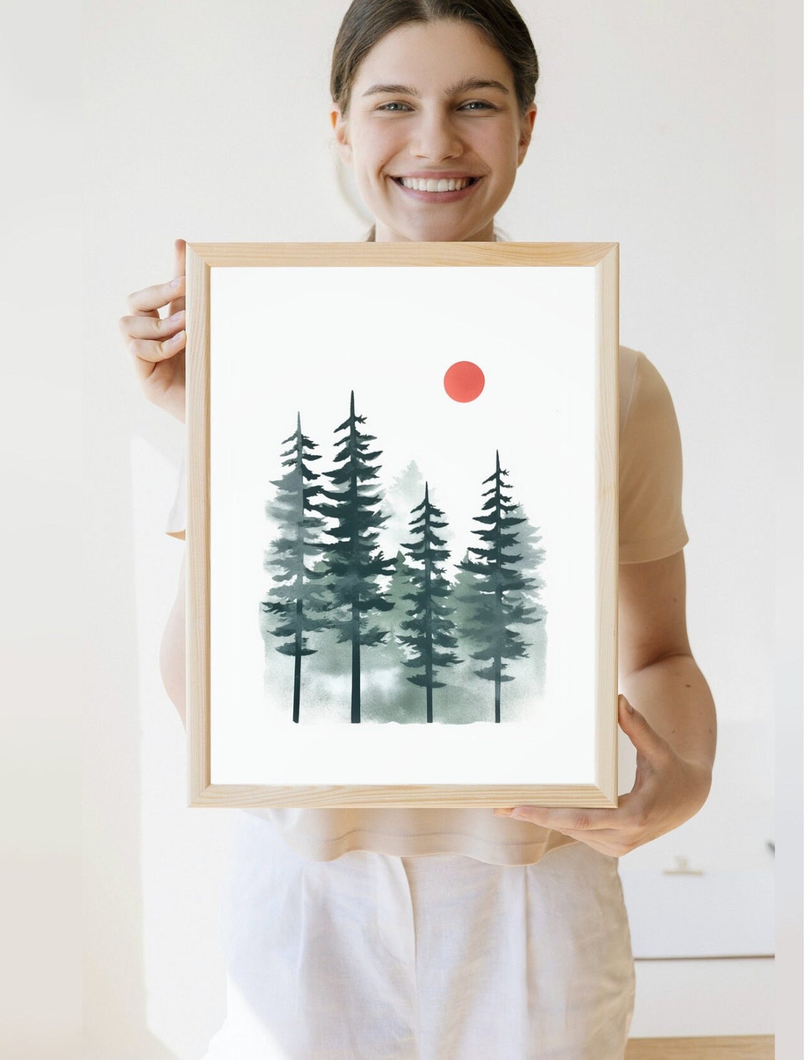 Watercolor Pine Trees Red Sun Evergreen Forest Minimalist Art Poster