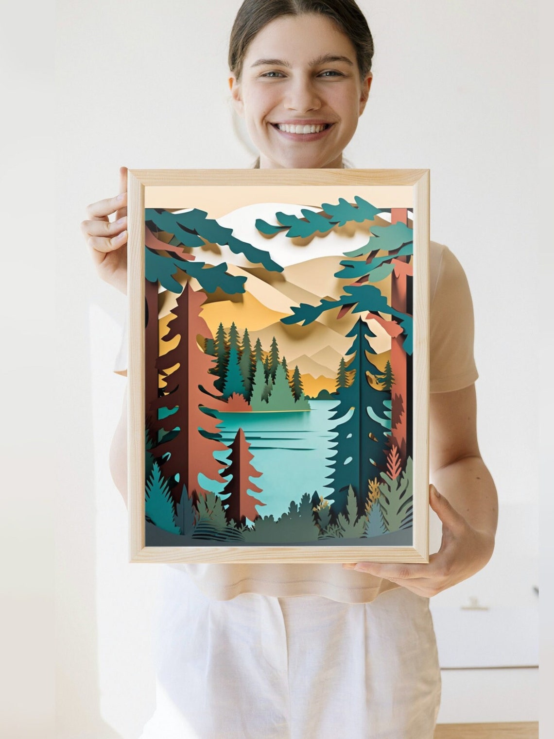 Layered Paper Cut Forest Lake Mountain Sunset Landscape Art Poster