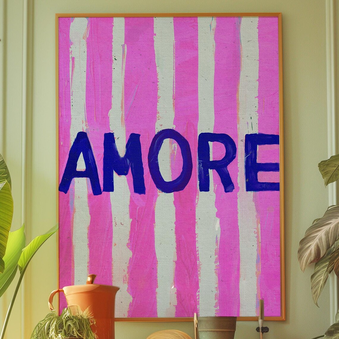 AMORE Hot Pink Stripes Italian Word Art Retro Typography Poster