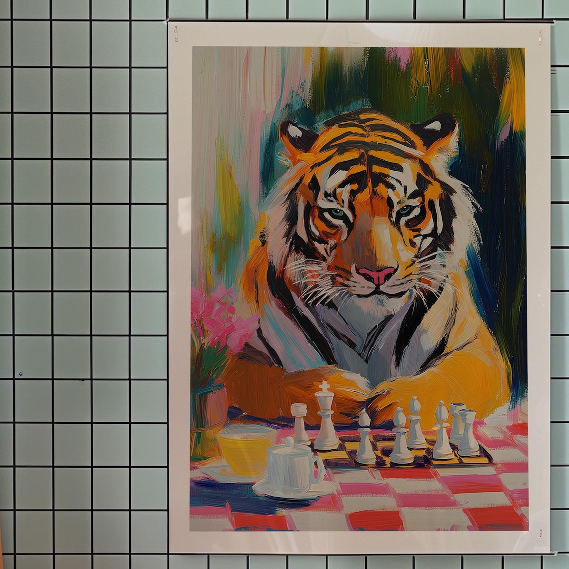 Tiger Playing Chess Colorful Maximalist Funny Animal Art Poster