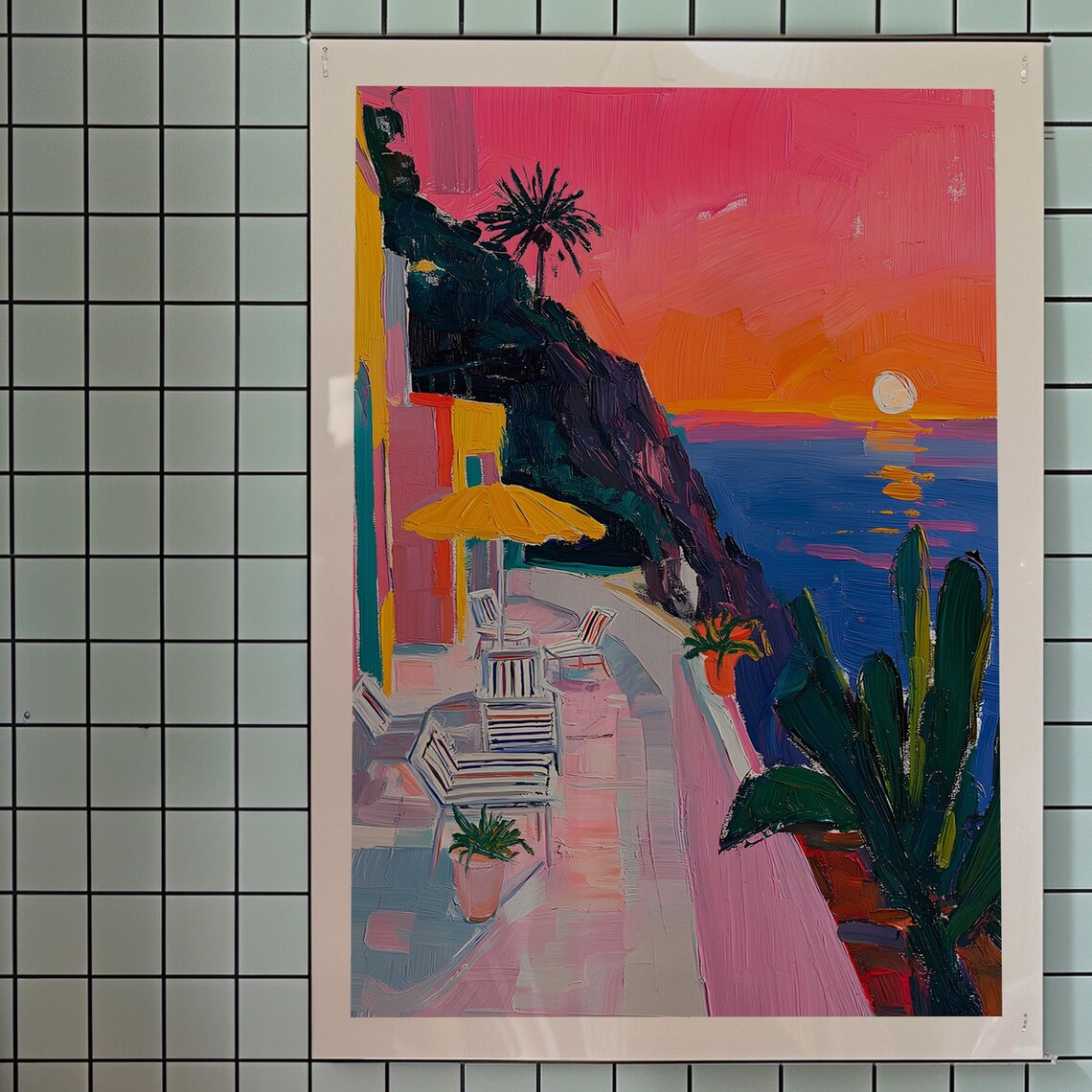 Pink Sunset Coastal Terrace Yellow Umbrella Painted Seascape Poster