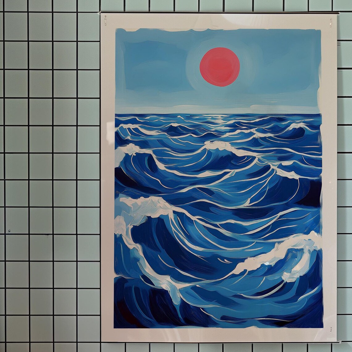 Blue Ocean Waves Under Red Sun Fauvist Summer Sea Art Poster