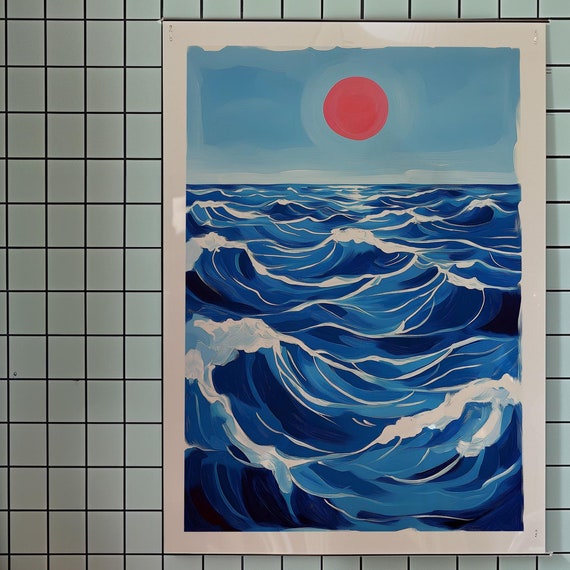 Matisse Style Summer Ocean Print Eclectic Blue Wave Art