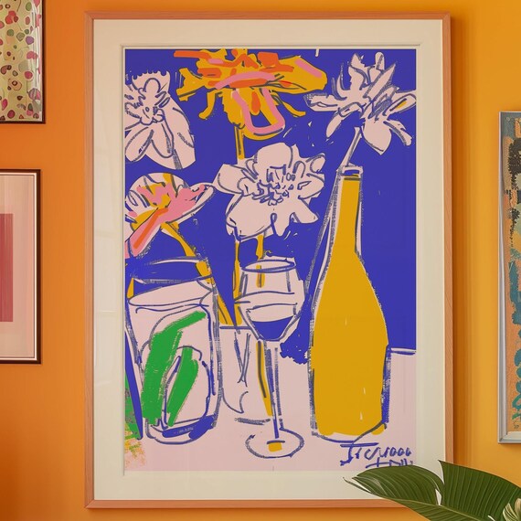 Expressive Floral Still Life Yellow Wine Bottle Electric Blue Art Print
