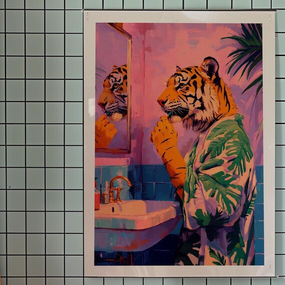 Tiger In Bathroom Art Print Kitsch Maximalist Decor