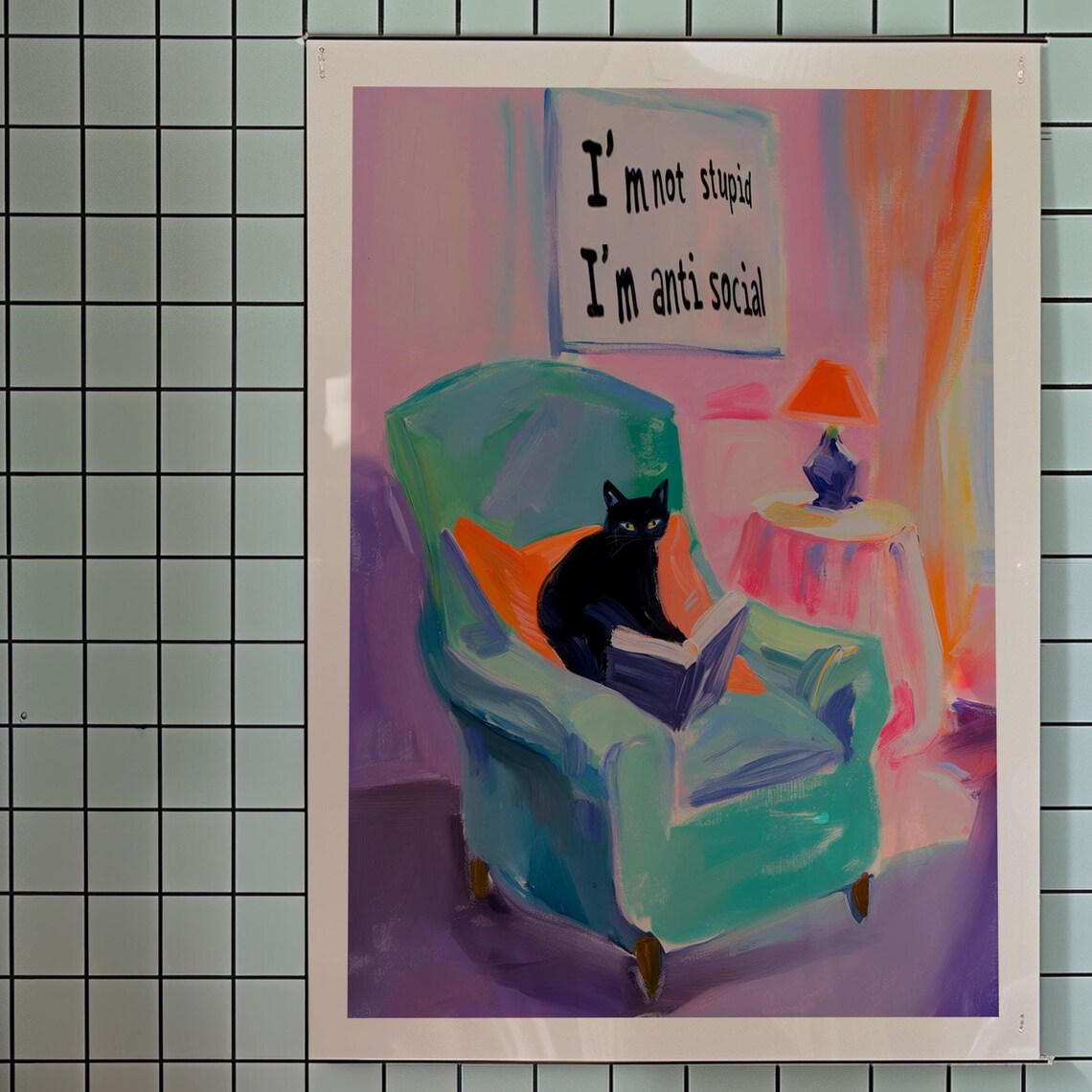 Funny Black Cat Reading Anti Social Quote Kitsch Living Room Poster