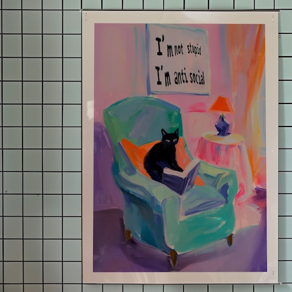 Funny Black Cat Reading Anti Social Quote Kitsch Living Room Poster