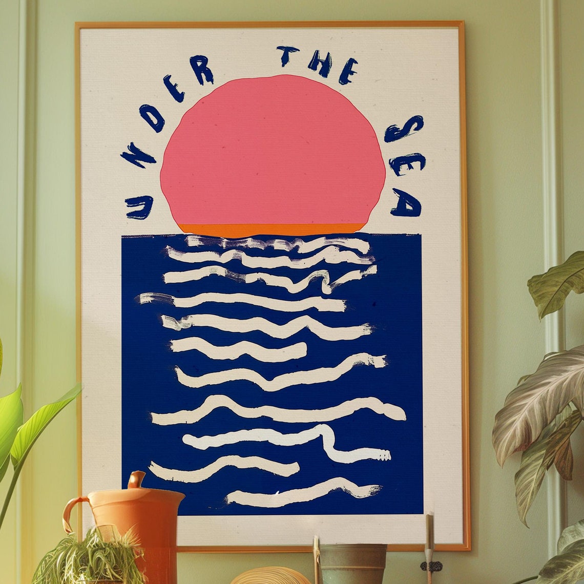 Under The Sea Pink Sun And Deep Blue Ocean Waves Retro Poster