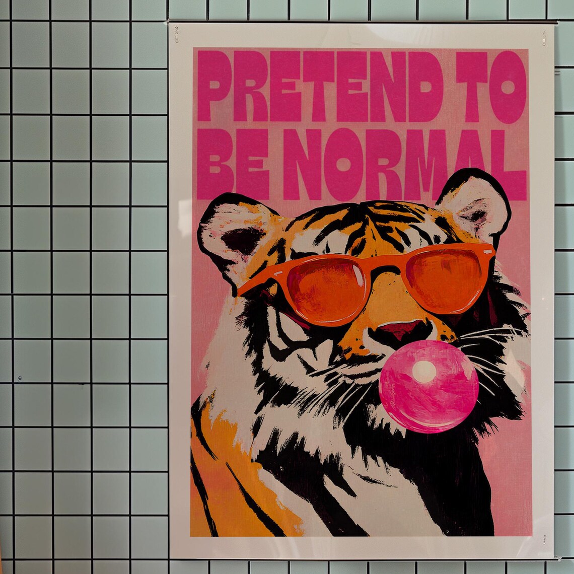 Pink Tiger Bubblegum Art Print Trendy Kitsch Wall Decor
