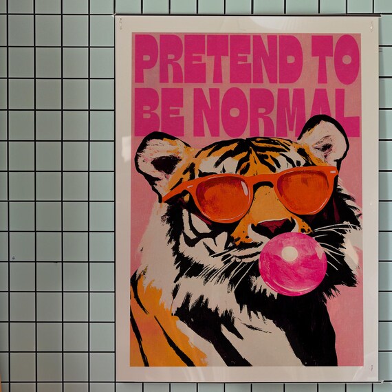 Pink Tiger Bubblegum Art Print Trendy Kitsch Wall Decor